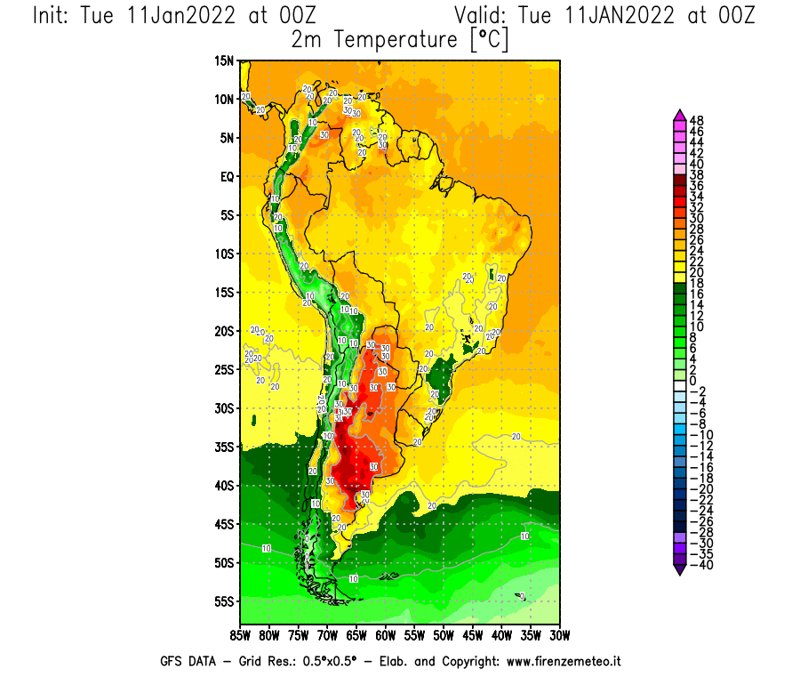 Mappa di analisi GFS - Temperatura a 2 metri dal suolo [°C] in Sud-America
							del 11/01/2022 00 <!--googleoff: index-->UTC<!--googleon: index-->