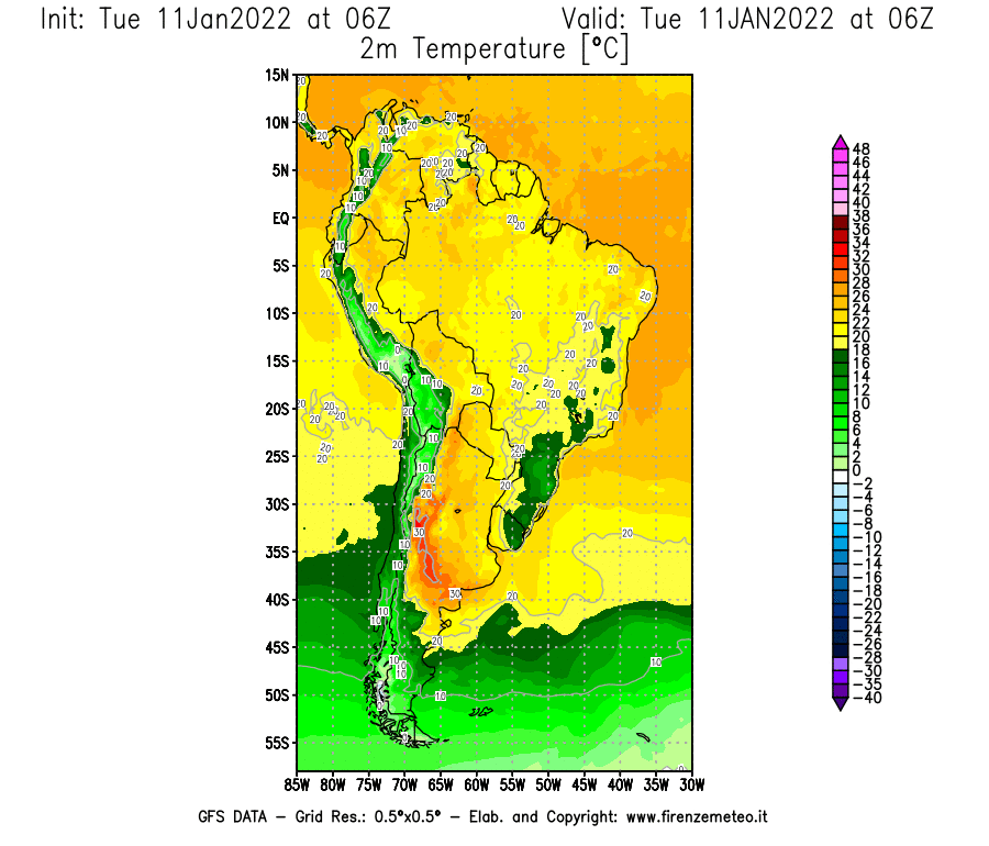Mappa di analisi GFS - Temperatura a 2 metri dal suolo [°C] in Sud-America
							del 11/01/2022 06 <!--googleoff: index-->UTC<!--googleon: index-->