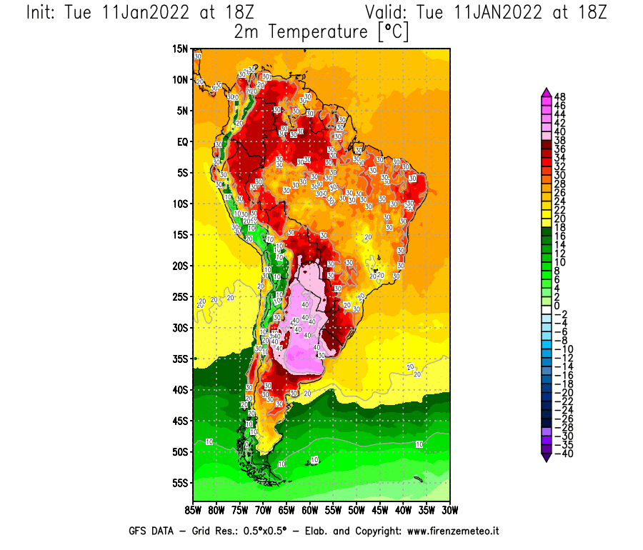 Mappa di analisi GFS - Temperatura a 2 metri dal suolo [°C] in Sud-America
							del 11/01/2022 18 <!--googleoff: index-->UTC<!--googleon: index-->