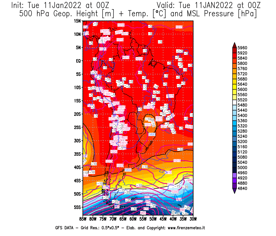 Mappa di analisi GFS - Geopotenziale [m] + Temp. [°C] a 500 hPa + Press. a livello del mare [hPa] in Sud-America
							del 11/01/2022 00 <!--googleoff: index-->UTC<!--googleon: index-->
