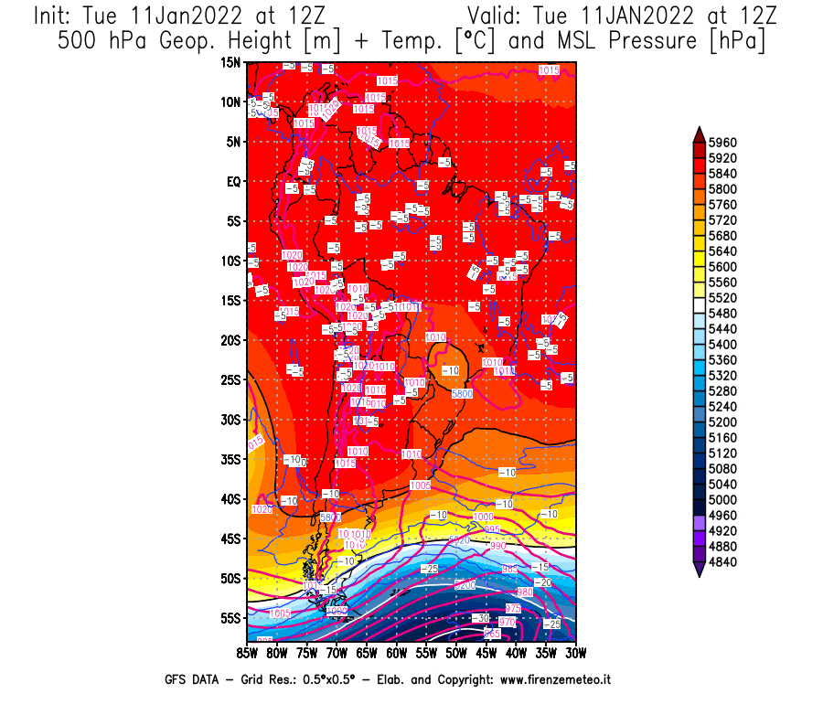 Mappa di analisi GFS - Geopotenziale [m] + Temp. [°C] a 500 hPa + Press. a livello del mare [hPa] in Sud-America
							del 11/01/2022 12 <!--googleoff: index-->UTC<!--googleon: index-->