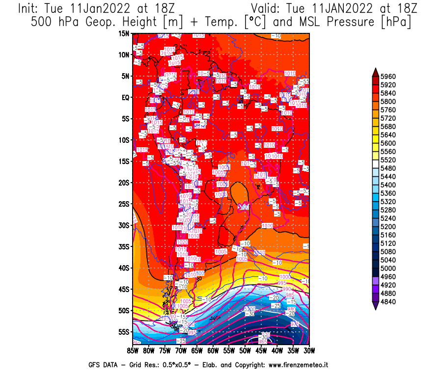 Mappa di analisi GFS - Geopotenziale [m] + Temp. [°C] a 500 hPa + Press. a livello del mare [hPa] in Sud-America
							del 11/01/2022 18 <!--googleoff: index-->UTC<!--googleon: index-->