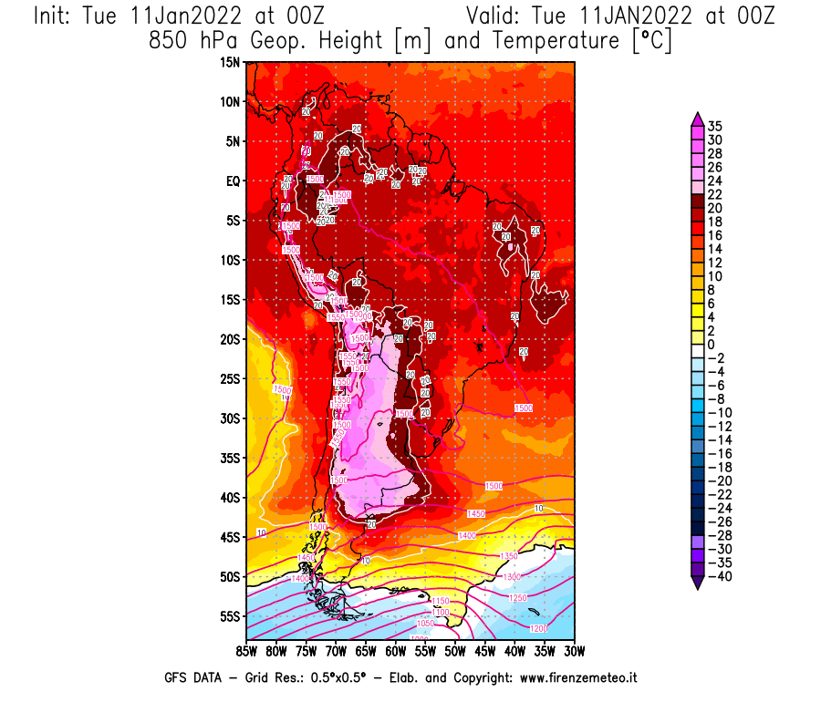 Mappa di analisi GFS - Geopotenziale [m] e Temperatura [°C] a 850 hPa in Sud-America
							del 11/01/2022 00 <!--googleoff: index-->UTC<!--googleon: index-->