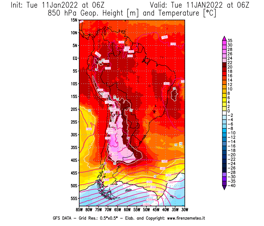 Mappa di analisi GFS - Geopotenziale [m] e Temperatura [°C] a 850 hPa in Sud-America
							del 11/01/2022 06 <!--googleoff: index-->UTC<!--googleon: index-->