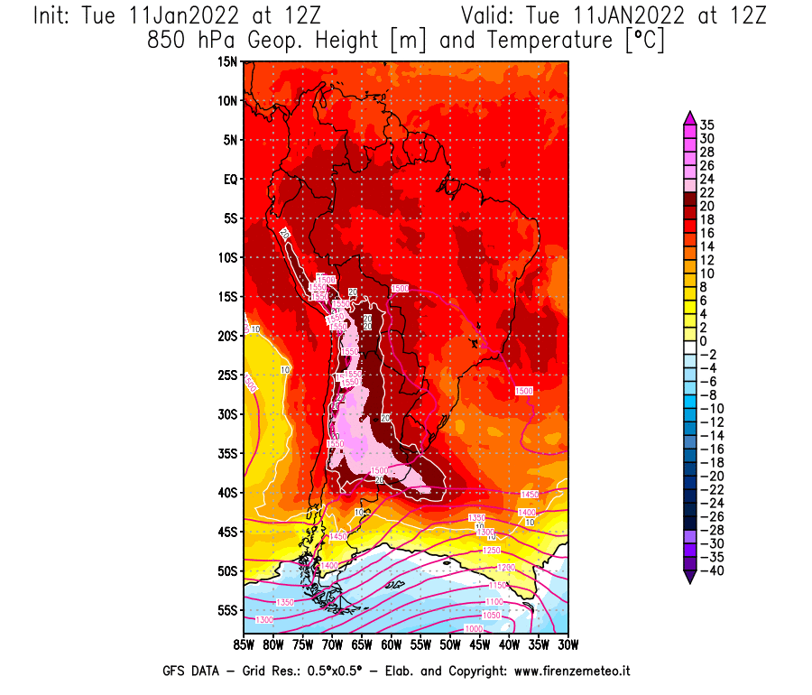 Mappa di analisi GFS - Geopotenziale [m] e Temperatura [°C] a 850 hPa in Sud-America
							del 11/01/2022 12 <!--googleoff: index-->UTC<!--googleon: index-->