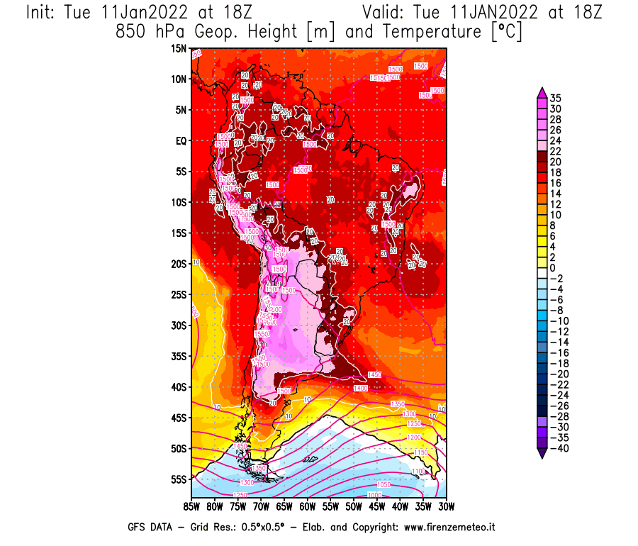 Mappa di analisi GFS - Geopotenziale [m] e Temperatura [°C] a 850 hPa in Sud-America
							del 11/01/2022 18 <!--googleoff: index-->UTC<!--googleon: index-->