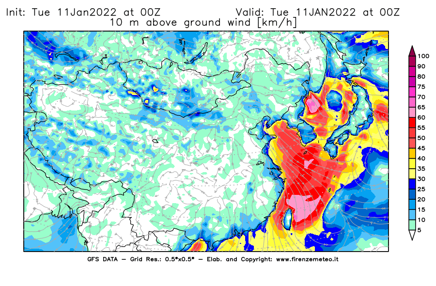 Mappa di analisi GFS - Velocità del vento a 10 metri dal suolo [km/h] in Asia Orientale
							del 11/01/2022 00 <!--googleoff: index-->UTC<!--googleon: index-->
