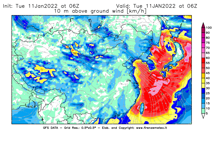Mappa di analisi GFS - Velocità del vento a 10 metri dal suolo [km/h] in Asia Orientale
							del 11/01/2022 06 <!--googleoff: index-->UTC<!--googleon: index-->