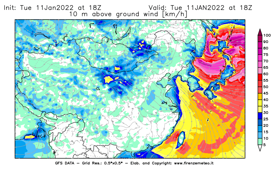 Mappa di analisi GFS - Velocità del vento a 10 metri dal suolo [km/h] in Asia Orientale
							del 11/01/2022 18 <!--googleoff: index-->UTC<!--googleon: index-->