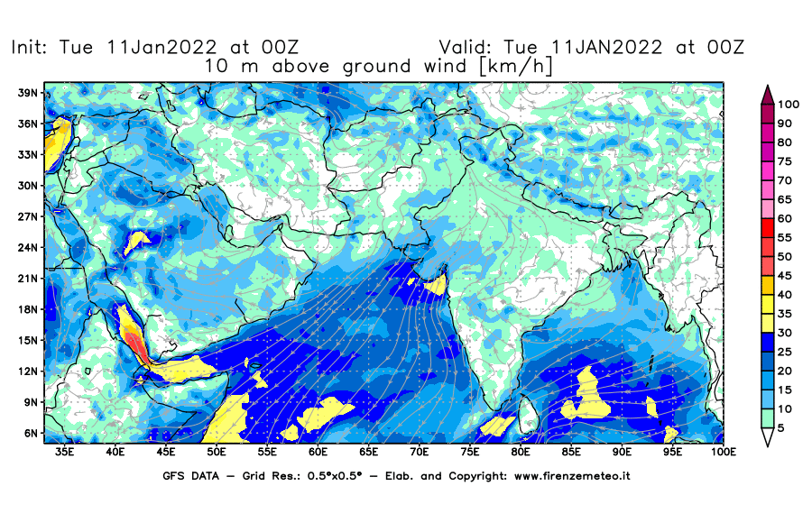 Mappa di analisi GFS - Velocità del vento a 10 metri dal suolo [km/h] in Asia Sud-Occidentale
							del 11/01/2022 00 <!--googleoff: index-->UTC<!--googleon: index-->