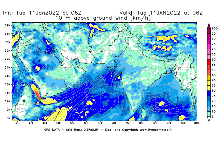 Mappa di analisi GFS - Velocità del vento a 10 metri dal suolo [km/h] in Asia Sud-Occidentale
							del 11/01/2022 06 <!--googleoff: index-->UTC<!--googleon: index-->