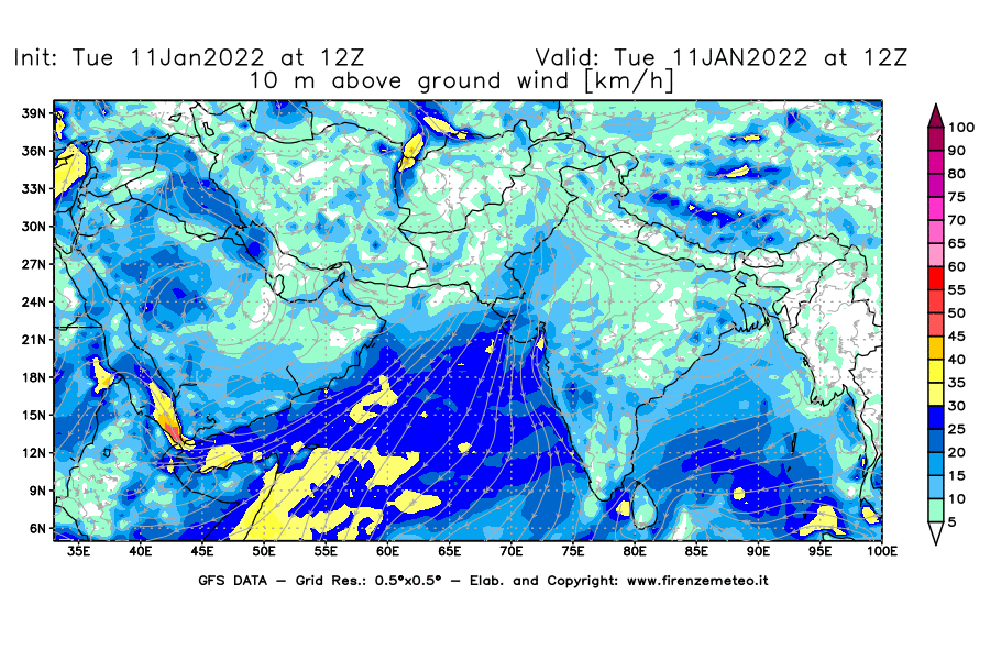 Mappa di analisi GFS - Velocità del vento a 10 metri dal suolo [km/h] in Asia Sud-Occidentale
							del 11/01/2022 12 <!--googleoff: index-->UTC<!--googleon: index-->