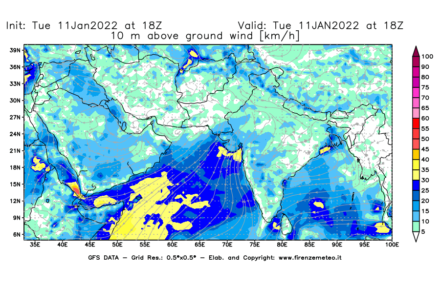 Mappa di analisi GFS - Velocità del vento a 10 metri dal suolo [km/h] in Asia Sud-Occidentale
							del 11/01/2022 18 <!--googleoff: index-->UTC<!--googleon: index-->