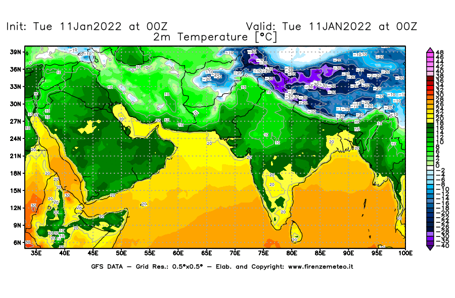 Mappa di analisi GFS - Temperatura a 2 metri dal suolo [°C] in Asia Sud-Occidentale
							del 11/01/2022 00 <!--googleoff: index-->UTC<!--googleon: index-->