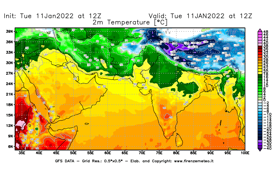 Mappa di analisi GFS - Temperatura a 2 metri dal suolo [°C] in Asia Sud-Occidentale
							del 11/01/2022 12 <!--googleoff: index-->UTC<!--googleon: index-->
