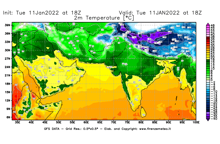 Mappa di analisi GFS - Temperatura a 2 metri dal suolo [°C] in Asia Sud-Occidentale
							del 11/01/2022 18 <!--googleoff: index-->UTC<!--googleon: index-->