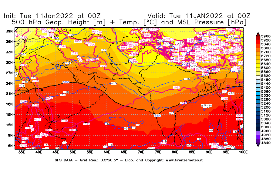 Mappa di analisi GFS - Geopotenziale [m] + Temp. [°C] a 500 hPa + Press. a livello del mare [hPa] in Asia Sud-Occidentale
							del 11/01/2022 00 <!--googleoff: index-->UTC<!--googleon: index-->