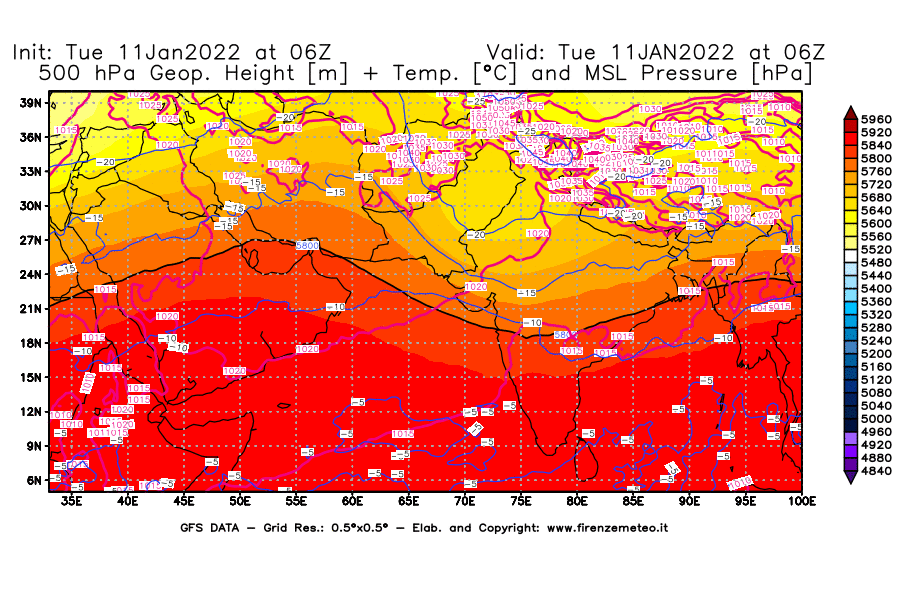 Mappa di analisi GFS - Geopotenziale [m] + Temp. [°C] a 500 hPa + Press. a livello del mare [hPa] in Asia Sud-Occidentale
							del 11/01/2022 06 <!--googleoff: index-->UTC<!--googleon: index-->