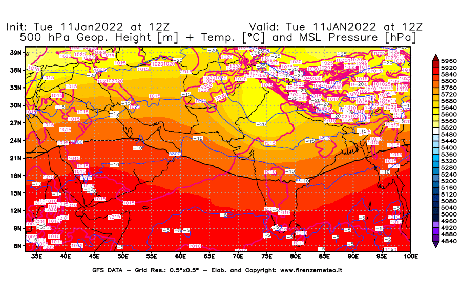 Mappa di analisi GFS - Geopotenziale [m] + Temp. [°C] a 500 hPa + Press. a livello del mare [hPa] in Asia Sud-Occidentale
							del 11/01/2022 12 <!--googleoff: index-->UTC<!--googleon: index-->