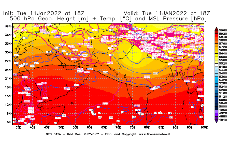 Mappa di analisi GFS - Geopotenziale [m] + Temp. [°C] a 500 hPa + Press. a livello del mare [hPa] in Asia Sud-Occidentale
							del 11/01/2022 18 <!--googleoff: index-->UTC<!--googleon: index-->