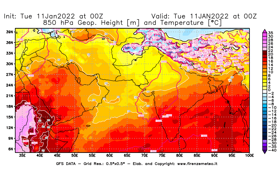 Mappa di analisi GFS - Geopotenziale [m] e Temperatura [°C] a 850 hPa in Asia Sud-Occidentale
							del 11/01/2022 00 <!--googleoff: index-->UTC<!--googleon: index-->