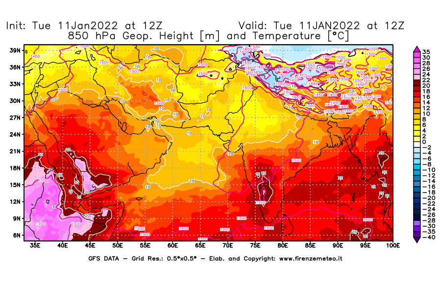 Mappa di analisi GFS - Geopotenziale [m] e Temperatura [°C] a 850 hPa in Asia Sud-Occidentale
							del 11/01/2022 12 <!--googleoff: index-->UTC<!--googleon: index-->