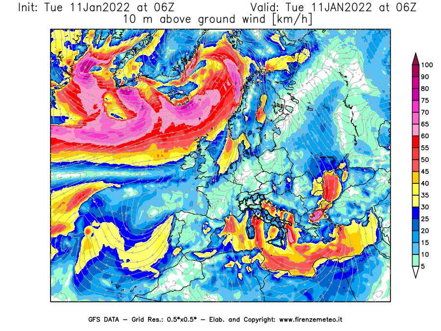 Mappa di analisi GFS - Velocità del vento a 10 metri dal suolo [km/h] in Europa
							del 11/01/2022 06 <!--googleoff: index-->UTC<!--googleon: index-->