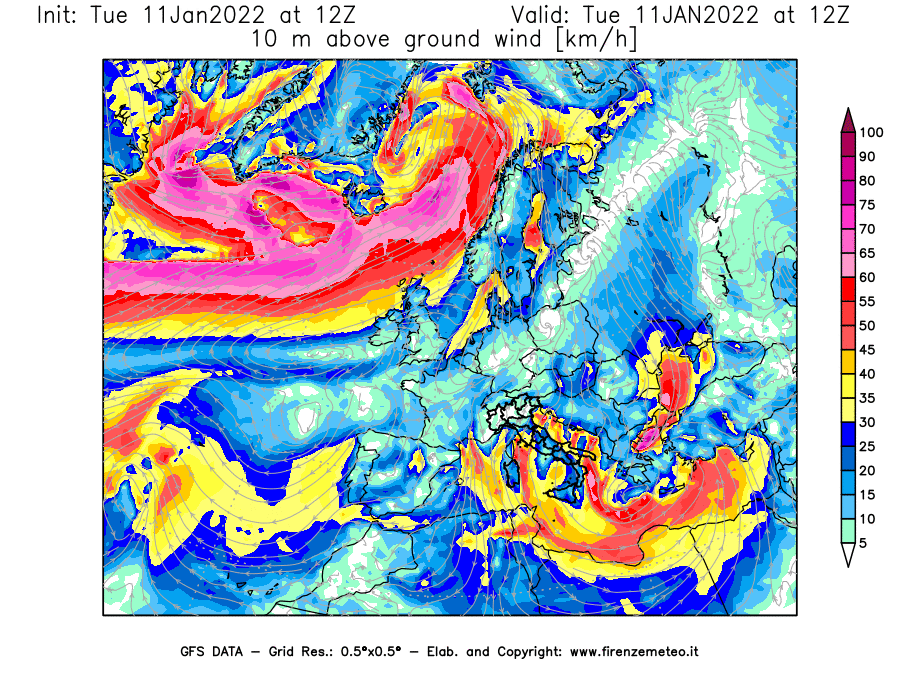 Mappa di analisi GFS - Velocità del vento a 10 metri dal suolo [km/h] in Europa
							del 11/01/2022 12 <!--googleoff: index-->UTC<!--googleon: index-->