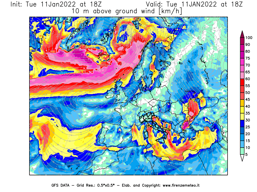 Mappa di analisi GFS - Velocità del vento a 10 metri dal suolo [km/h] in Europa
							del 11/01/2022 18 <!--googleoff: index-->UTC<!--googleon: index-->