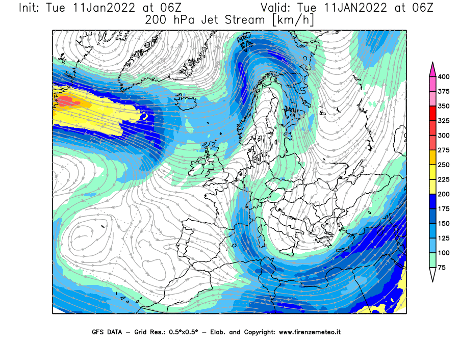 Mappa di analisi GFS - Jet Stream a 200 hPa in Europa
							del 11/01/2022 06 <!--googleoff: index-->UTC<!--googleon: index-->