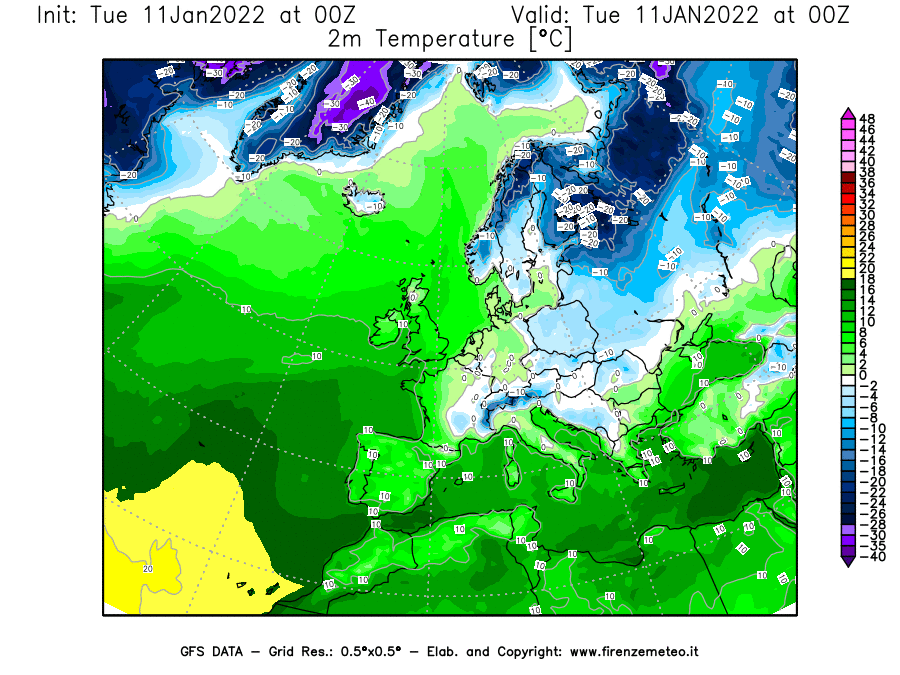 Mappa di analisi GFS - Temperatura a 2 metri dal suolo [°C] in Europa
							del 11/01/2022 00 <!--googleoff: index-->UTC<!--googleon: index-->
