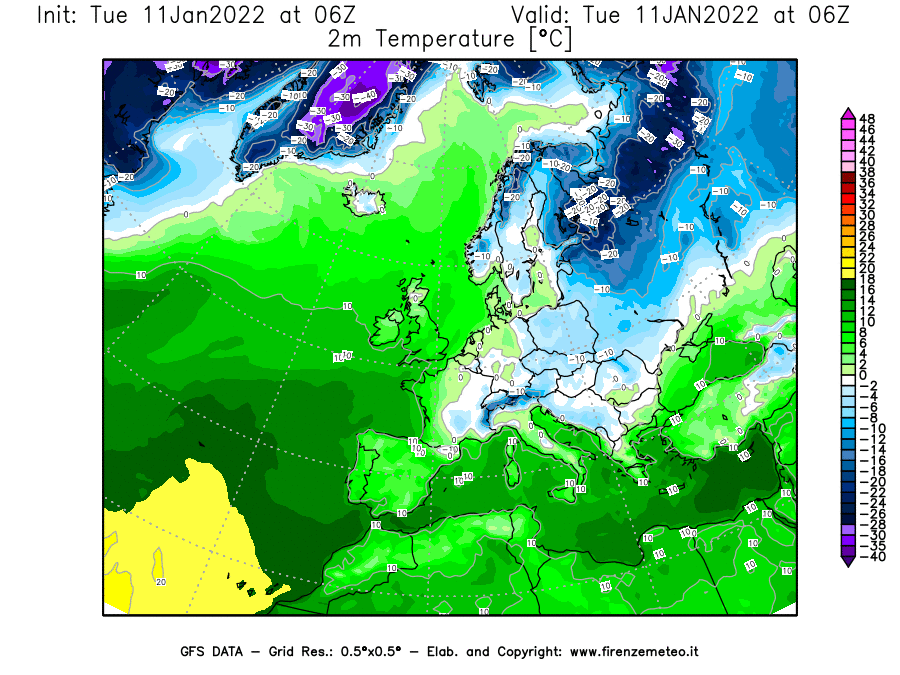 Mappa di analisi GFS - Temperatura a 2 metri dal suolo [°C] in Europa
							del 11/01/2022 06 <!--googleoff: index-->UTC<!--googleon: index-->