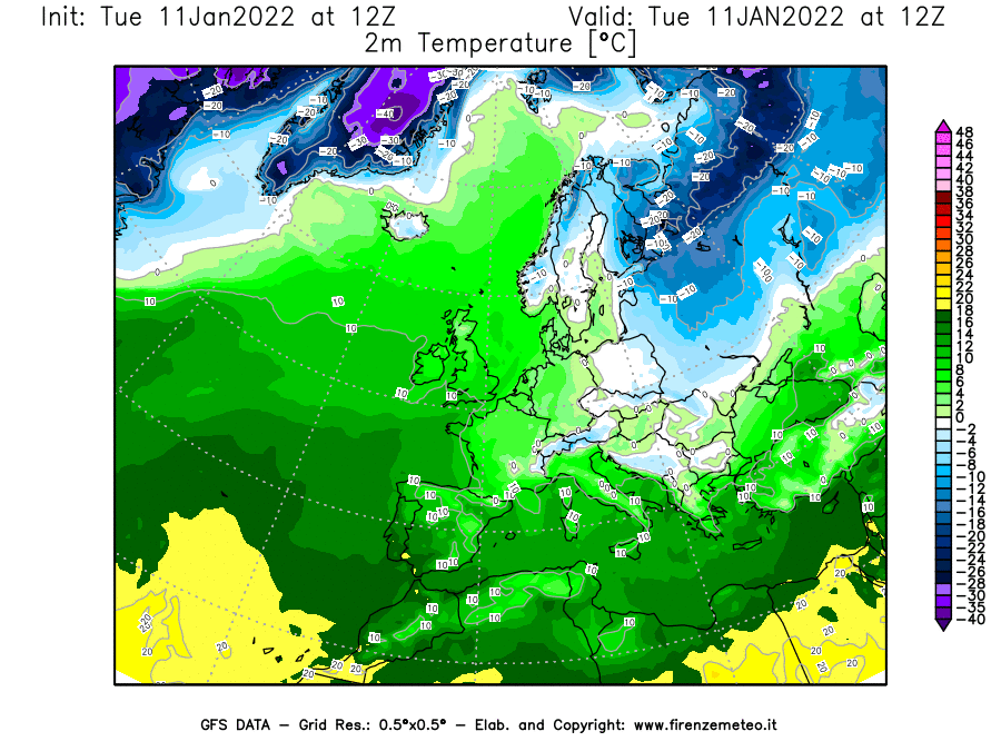 Mappa di analisi GFS - Temperatura a 2 metri dal suolo [°C] in Europa
							del 11/01/2022 12 <!--googleoff: index-->UTC<!--googleon: index-->