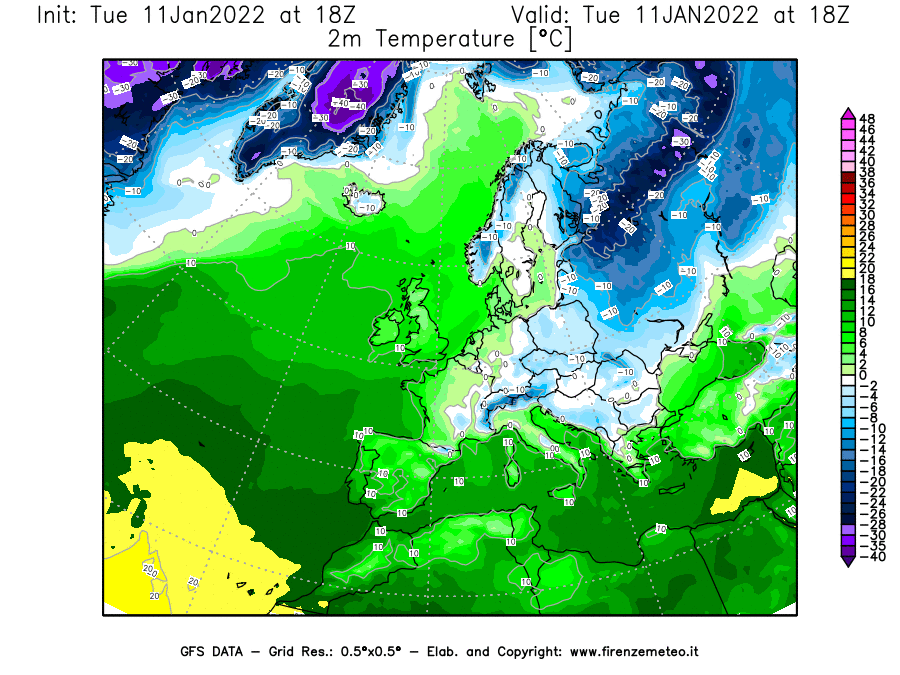 Mappa di analisi GFS - Temperatura a 2 metri dal suolo [°C] in Europa
							del 11/01/2022 18 <!--googleoff: index-->UTC<!--googleon: index-->