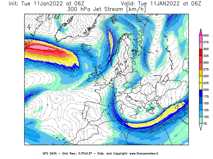 Mappa di analisi GFS - Jet Stream a 300 hPa in Europa
							del 11/01/2022 06 <!--googleoff: index-->UTC<!--googleon: index-->