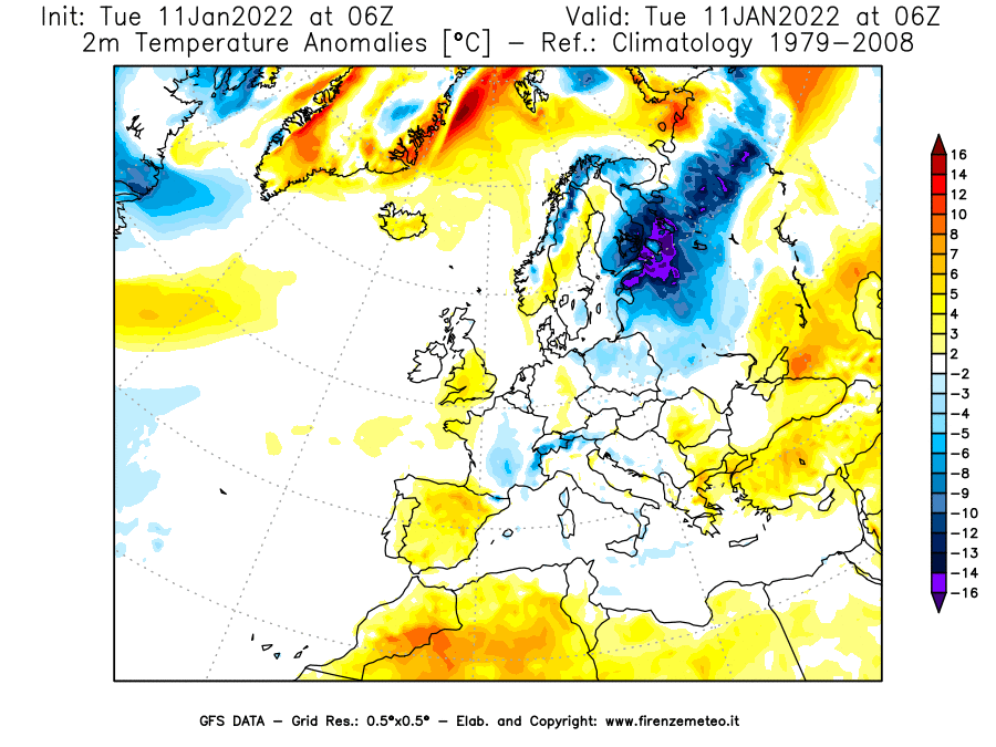 Mappa di analisi GFS - Anomalia Temperatura [°C] a 2 m in Europa
							del 11/01/2022 06 <!--googleoff: index-->UTC<!--googleon: index-->