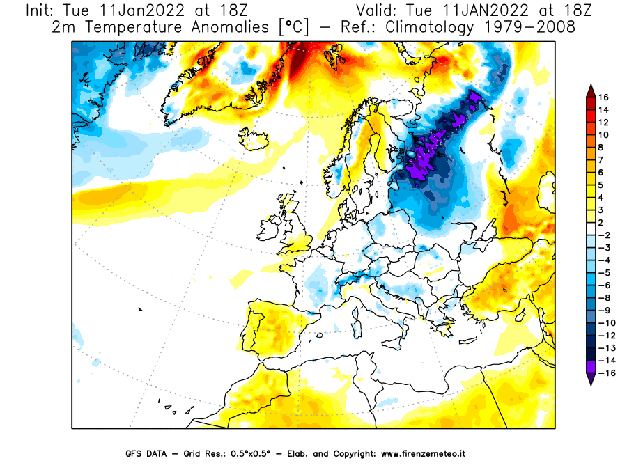 Mappa di analisi GFS - Anomalia Temperatura [°C] a 2 m in Europa
							del 11/01/2022 18 <!--googleoff: index-->UTC<!--googleon: index-->