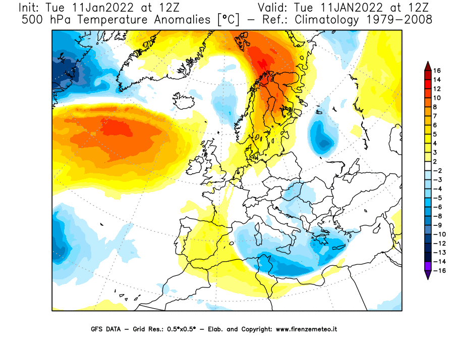 Mappa di analisi GFS - Anomalia Temperatura [°C] a 500 hPa in Europa
							del 11/01/2022 12 <!--googleoff: index-->UTC<!--googleon: index-->