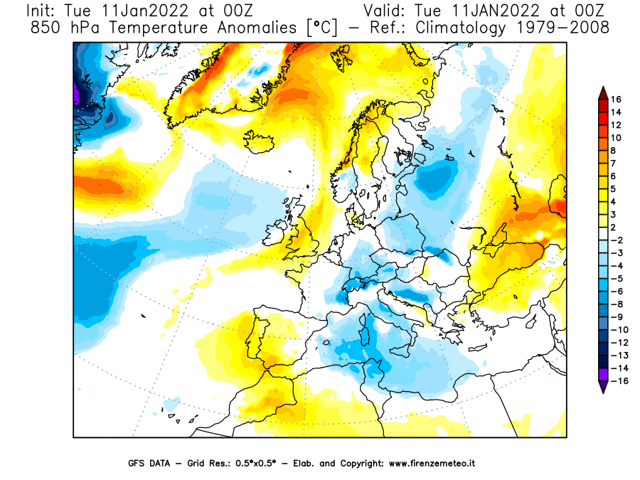 Mappa di analisi GFS - Anomalia Temperatura [°C] a 850 hPa in Europa
							del 11/01/2022 00 <!--googleoff: index-->UTC<!--googleon: index-->