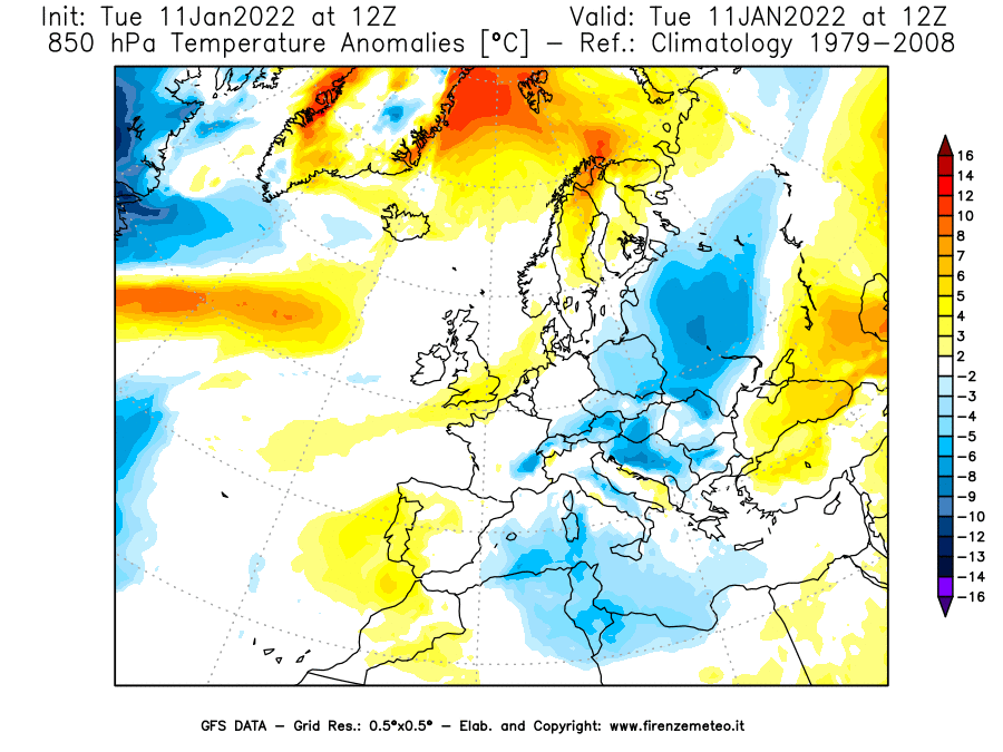 Mappa di analisi GFS - Anomalia Temperatura [°C] a 850 hPa in Europa
							del 11/01/2022 12 <!--googleoff: index-->UTC<!--googleon: index-->