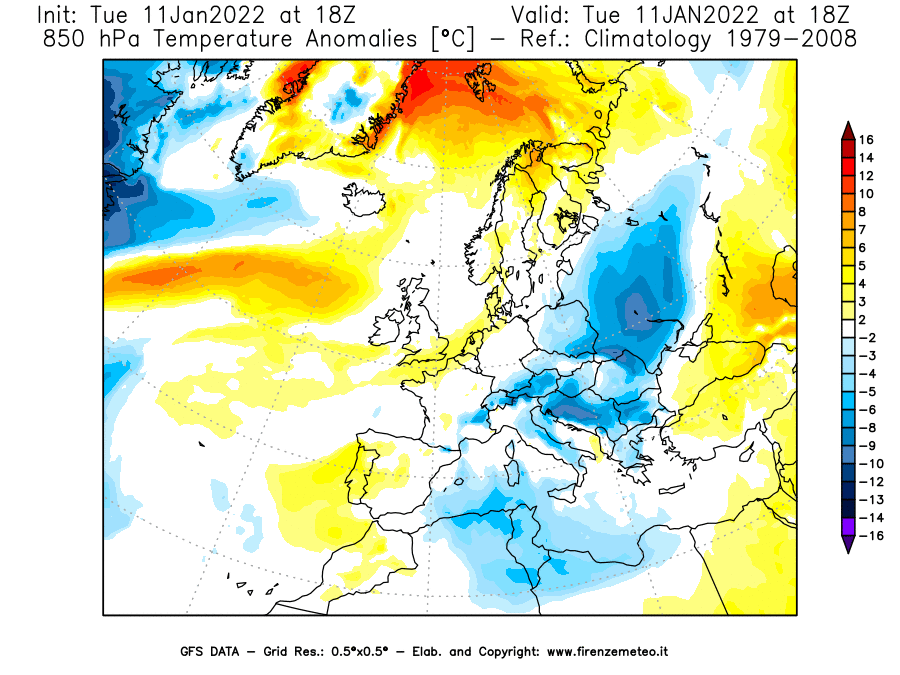 Mappa di analisi GFS - Anomalia Temperatura [°C] a 850 hPa in Europa
							del 11/01/2022 18 <!--googleoff: index-->UTC<!--googleon: index-->