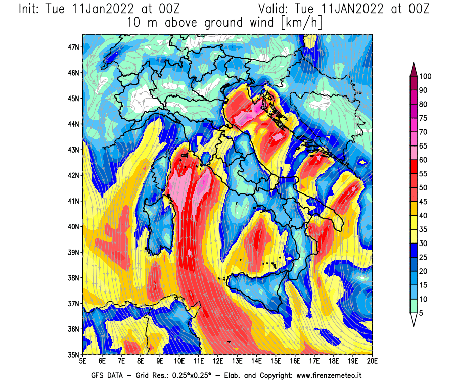 Mappa di analisi GFS - Velocità del vento a 10 metri dal suolo [km/h] in Italia
							del 11/01/2022 00 <!--googleoff: index-->UTC<!--googleon: index-->