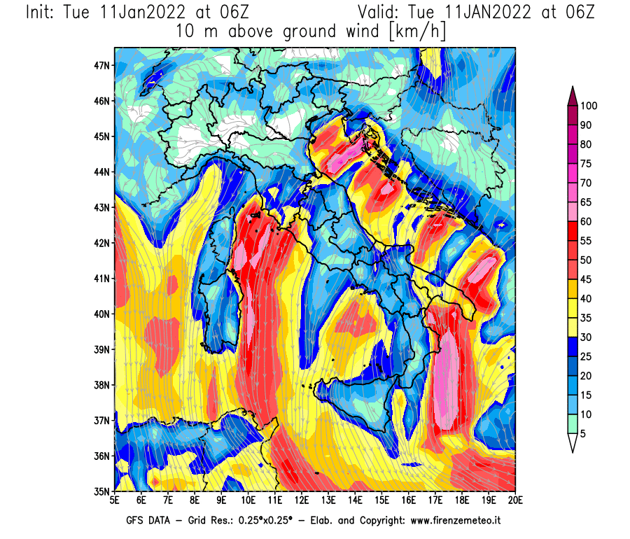 Mappa di analisi GFS - Velocità del vento a 10 metri dal suolo [km/h] in Italia
							del 11/01/2022 06 <!--googleoff: index-->UTC<!--googleon: index-->