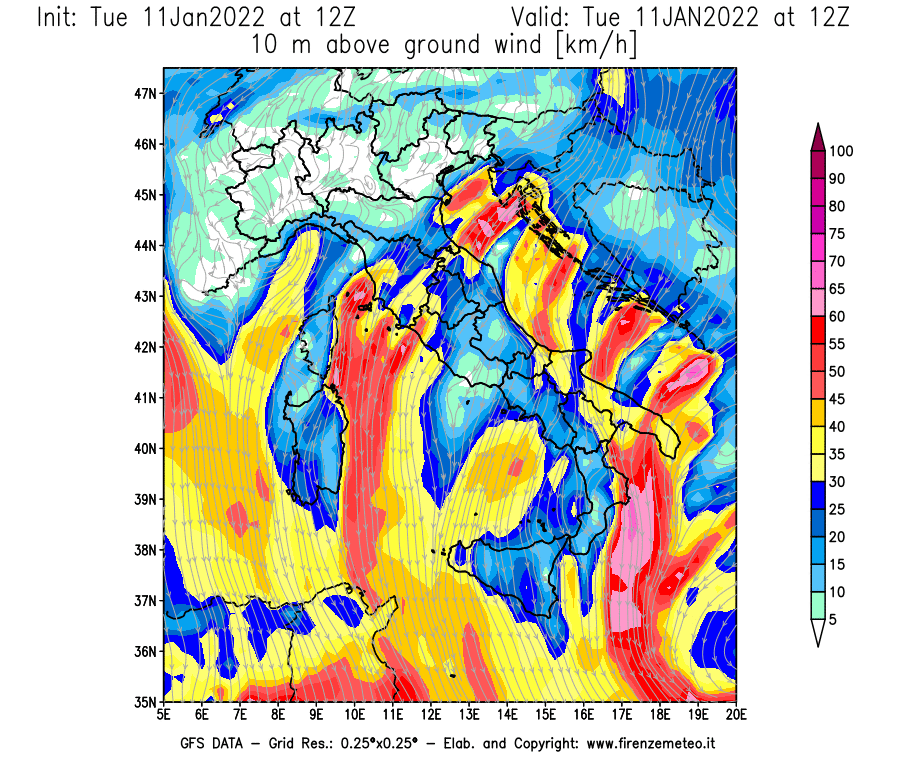 Mappa di analisi GFS - Velocità del vento a 10 metri dal suolo [km/h] in Italia
							del 11/01/2022 12 <!--googleoff: index-->UTC<!--googleon: index-->