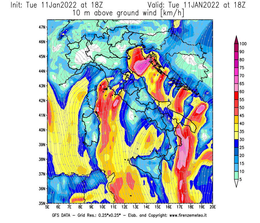 Mappa di analisi GFS - Velocità del vento a 10 metri dal suolo [km/h] in Italia
							del 11/01/2022 18 <!--googleoff: index-->UTC<!--googleon: index-->