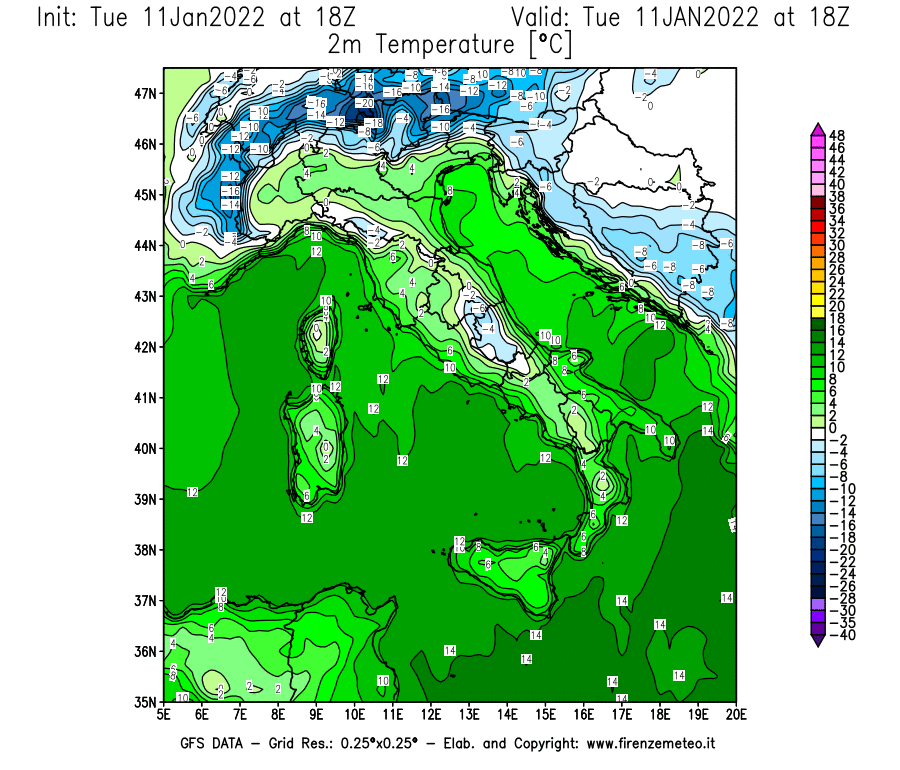 Mappa di analisi GFS - Temperatura a 2 metri dal suolo [°C] in Italia
							del 11/01/2022 18 <!--googleoff: index-->UTC<!--googleon: index-->