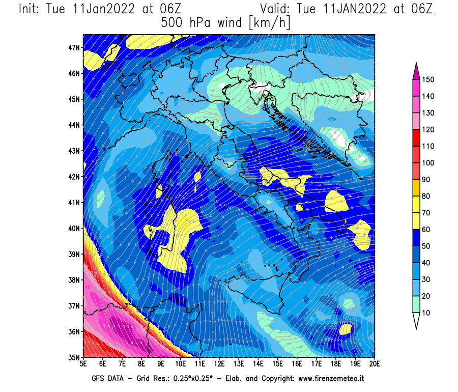 Mappa di analisi GFS - Velocità del vento a 500 hPa [km/h] in Italia
							del 11/01/2022 06 <!--googleoff: index-->UTC<!--googleon: index-->