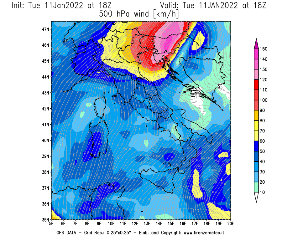Mappa di analisi GFS - Velocità del vento a 500 hPa [km/h] in Italia
							del 11/01/2022 18 <!--googleoff: index-->UTC<!--googleon: index-->