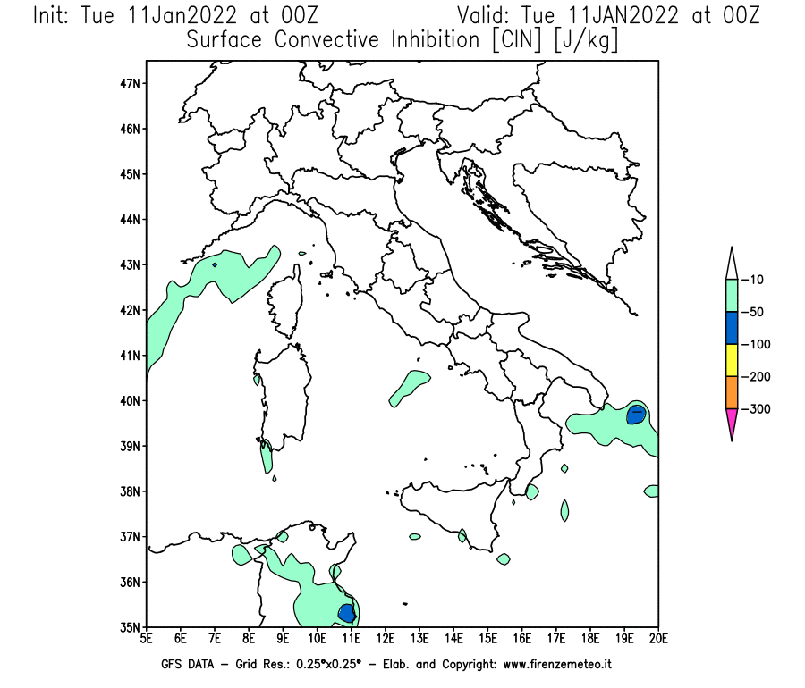 Mappa di analisi GFS - CIN [J/kg] in Italia
							del 11/01/2022 00 <!--googleoff: index-->UTC<!--googleon: index-->