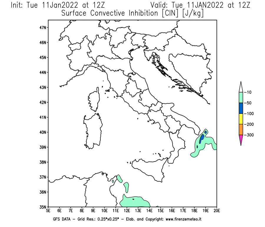 Mappa di analisi GFS - CIN [J/kg] in Italia
							del 11/01/2022 12 <!--googleoff: index-->UTC<!--googleon: index-->